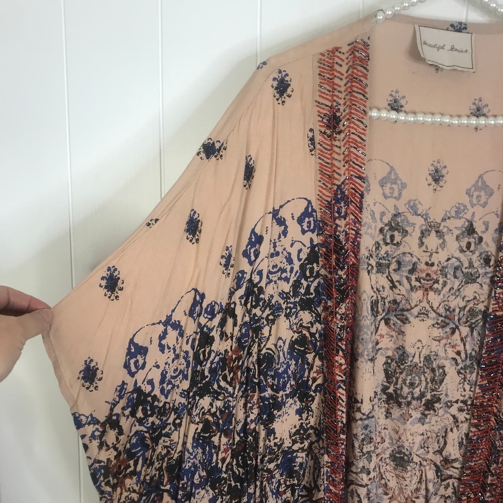 Anthropologie Beautiful Stories Pale Pink Beaded Dolman Sleeve Kimono OSFM - Picture 4 of 7